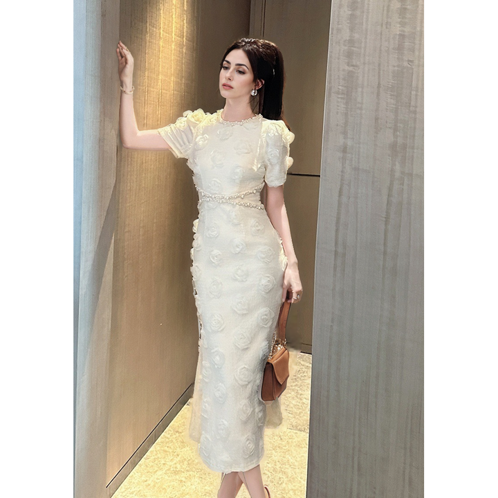 White Sheath Dress with Pearls and 3D Flowers – Elegant Socialite Style-SH-DR-0101