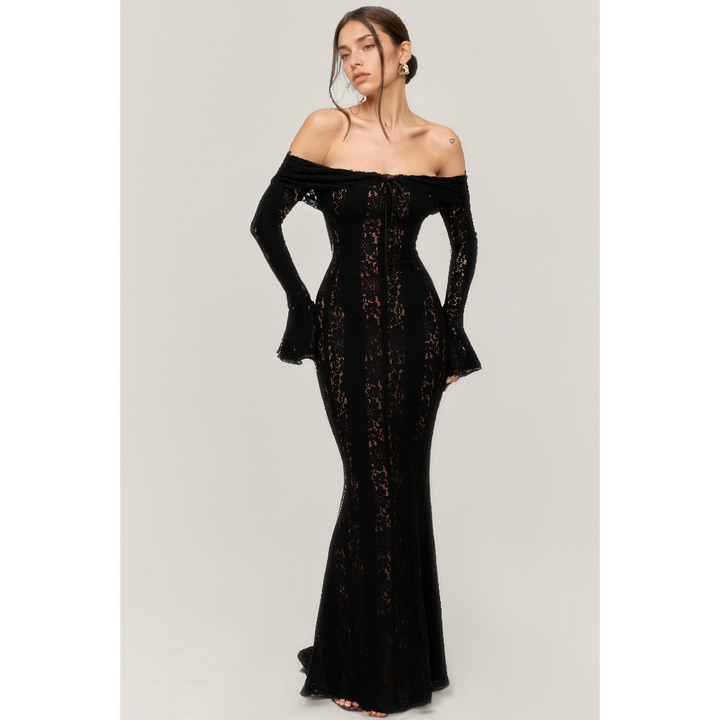 Elegant Off-Shoulder Lace Sheath Dress – Long Bell Sleeves & Hip-Hugging Silhouette-SH-TRD-005
