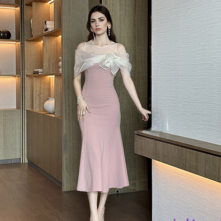 Elegant French Banquet Dress for Women – Pink High Waist Short Sleeve-SH-DR-0120