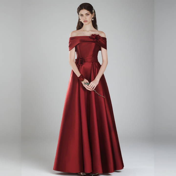 Off-Shoulder Satin Wine Red Wedding & Evening Dress with Flower Detail-SH-WD-04510