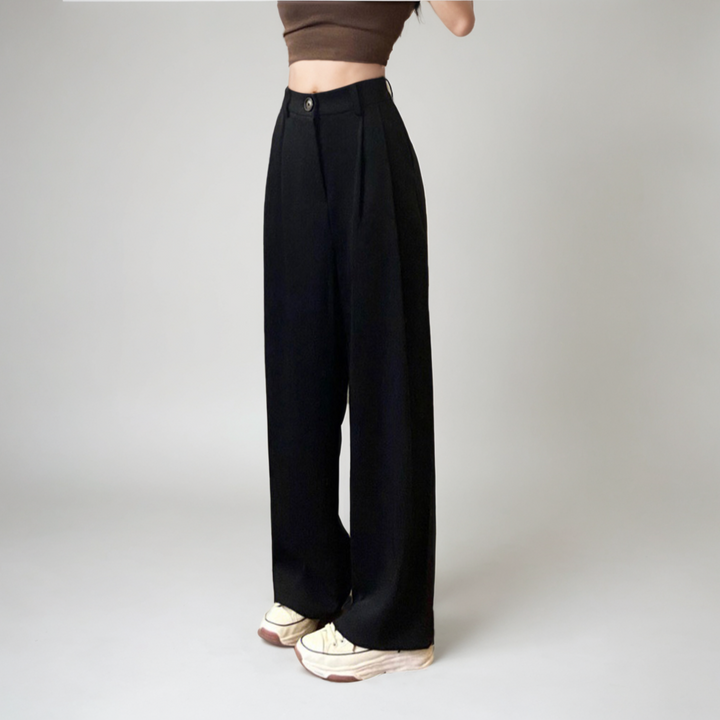 Women’s Black Wide-Leg Suit Pants – High Waist & Thin Fabric-SH-BT-017