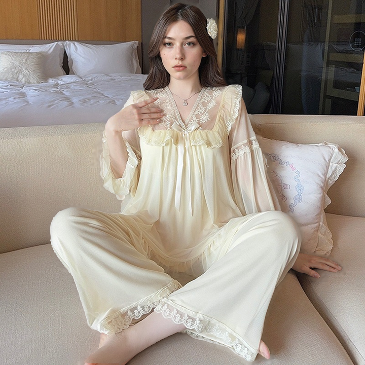 Sweet V-neck Lace Mesh Pajama Set with Chest Pad – Princess Style Sleepwear for Women-SH-PJS-0110