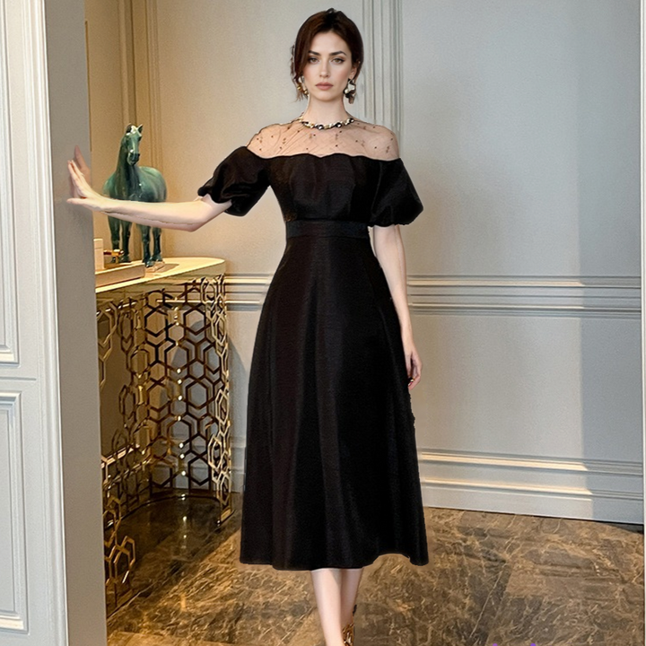 Socialite Black Puff Sleeve Dress – High Waist & Large Hem-SH-DR-0105