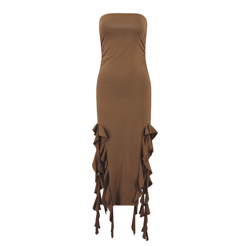 Women's Ruffled Tube Top Dress with Side Slit – High Waist Strapless Pullover Gown-SH-TRD-004