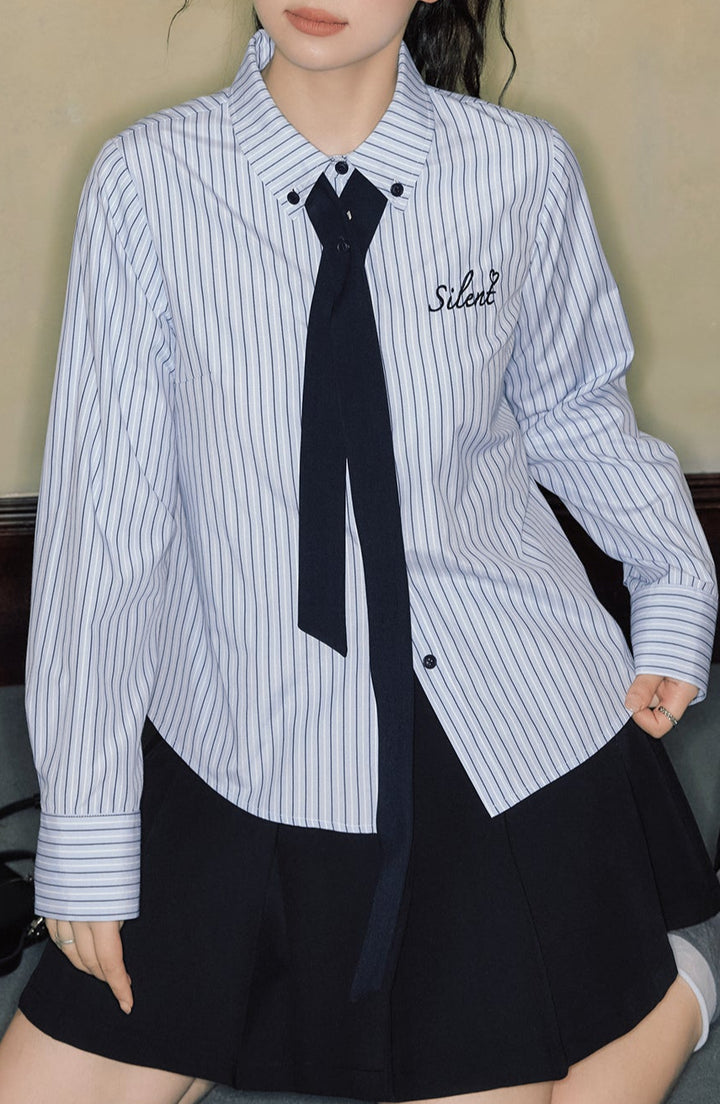 Women's Blue & White Striped Shirt – Long Sleeve Button-Up with Tie Front-SH-TOP-005