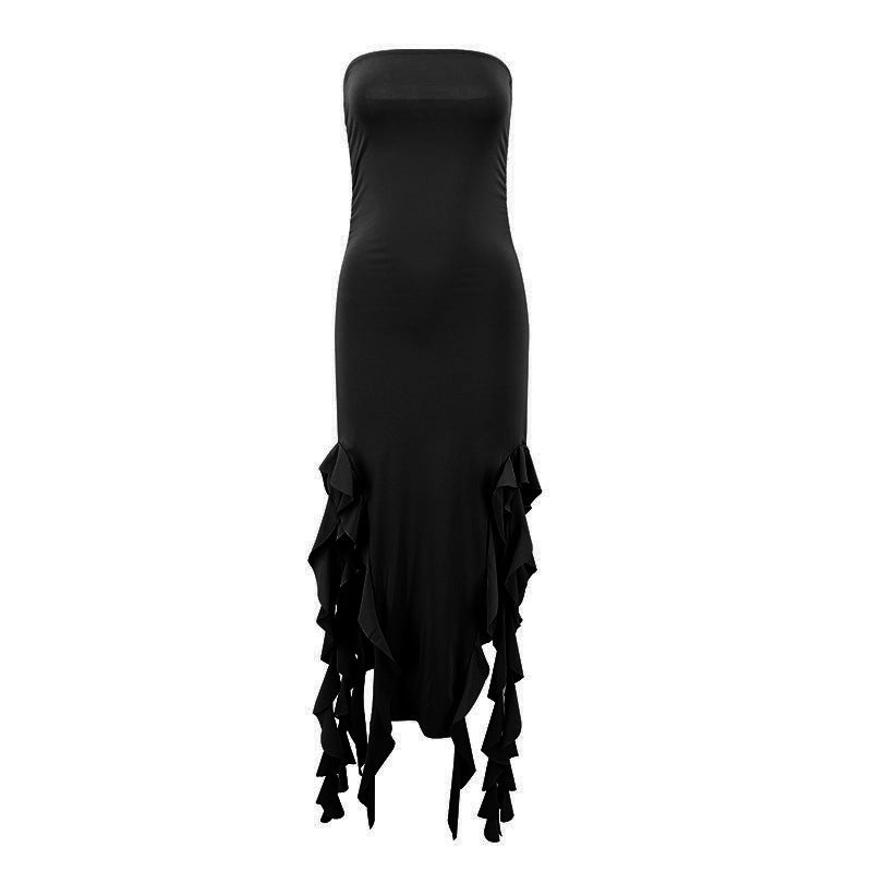 Women's Ruffled Tube Top Dress with Side Slit – High Waist Strapless Pullover Gown-SH-TRD-004