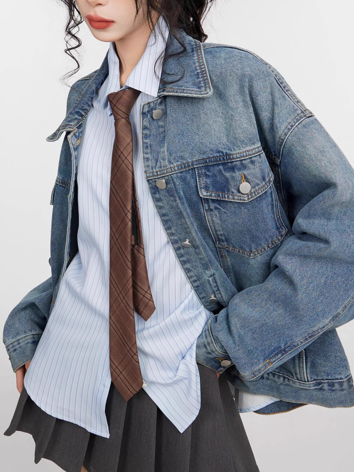 Women’s Retro Blue Loose Denim Coat – Long Sleeve Polo Collar Jacket-SH-TOP-001