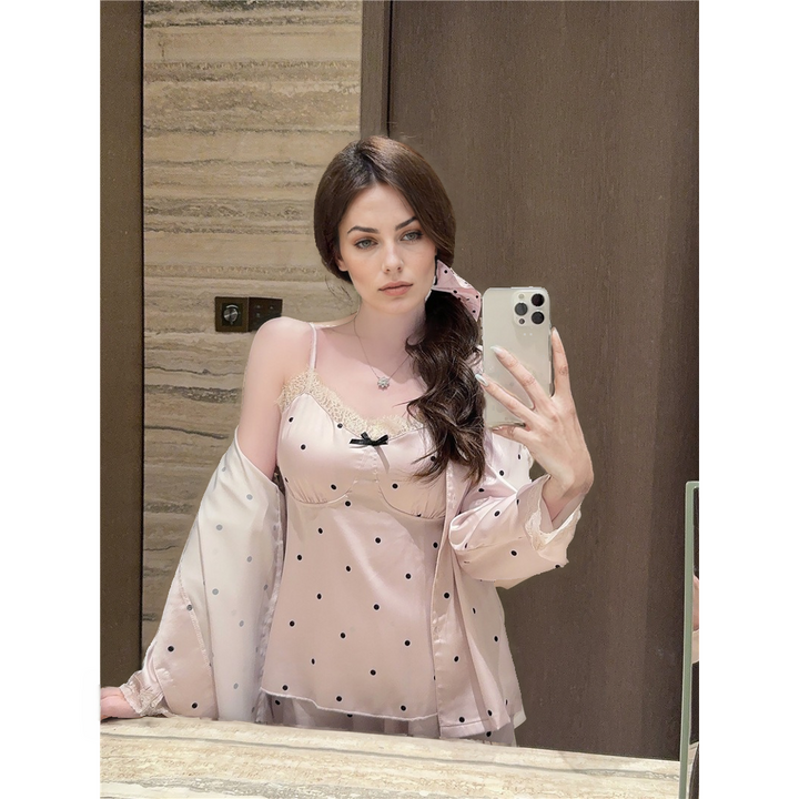 Luxury Women's Ice Silk Polka Dot Pajama Set with Lace – 3-Piece Sleepwear-SH-PJS-0115