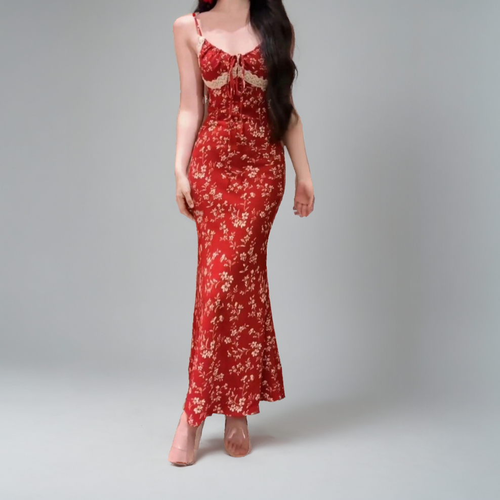 Vintage Red Floral Spaghetti Strap Dress – V-Neck Sleeveless Long Dress for Women-SH-TRD-002