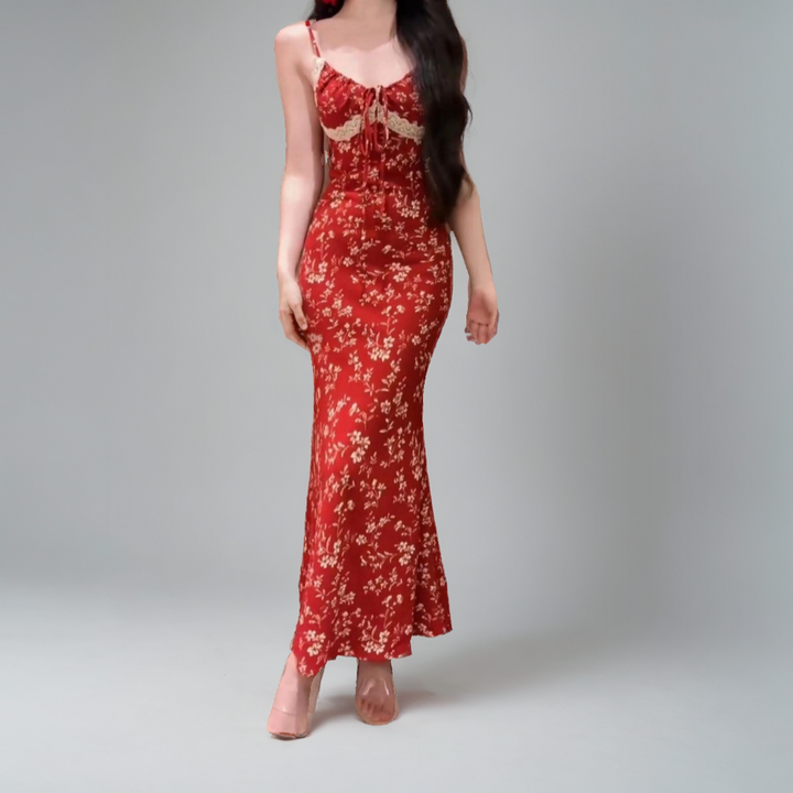 Vintage Red Floral Spaghetti Strap Dress – V-Neck Sleeveless Long Dress for Women-SH-TRD-002