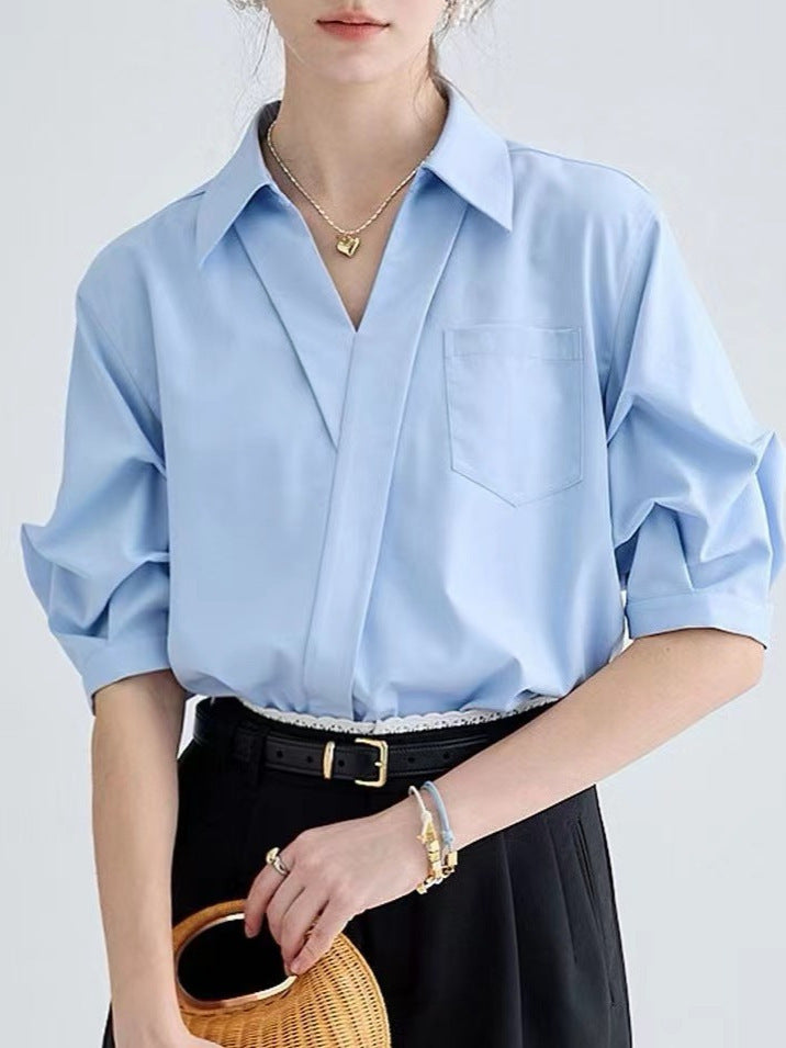 Elegant French V-Neck Stitching Blouse – Solid Color Half Sleeve Top for Women-SH-TOP-009