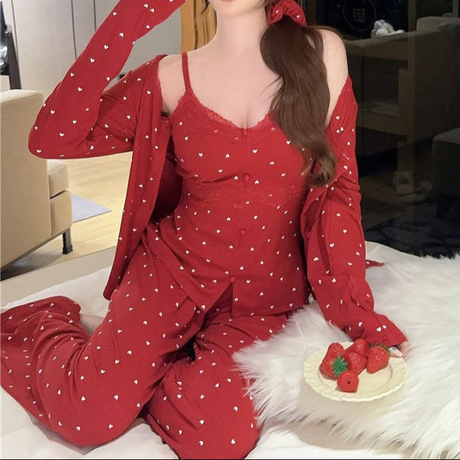 Peach Heart Modal 3-Piece Set – Women’s Long Sleeve Top, Trousers & Sling-SH-PJS-0103