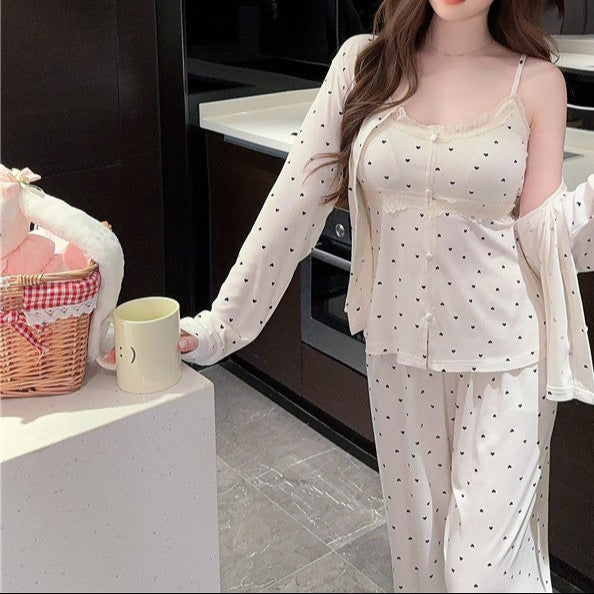 Peach Heart Modal 3-Piece Set – Women’s Long Sleeve Top, Trousers & Sling-SH-PJS-0103