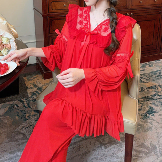 Sweet V-neck Lace Mesh Pajama Set with Chest Pad – Princess Style Sleepwear for Women-SH-PJS-0110