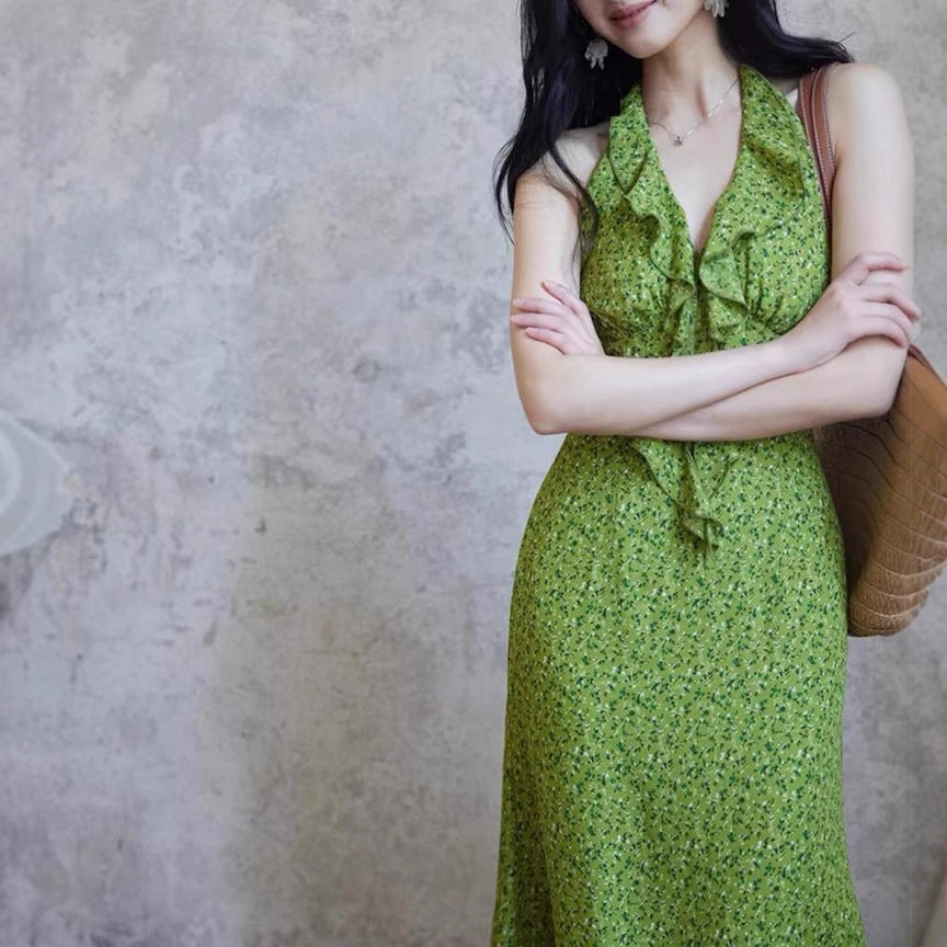 Retro Floral Sleeveless Split Dress – High Waist, Casual Korean Style-SH-KR-002