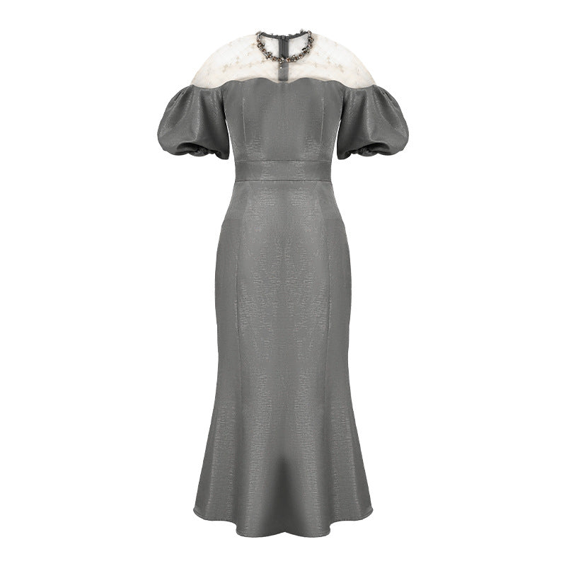 Elegant Puff Sleeve Fishtail Dress – High Waist Long Gown-SH-DR-0102