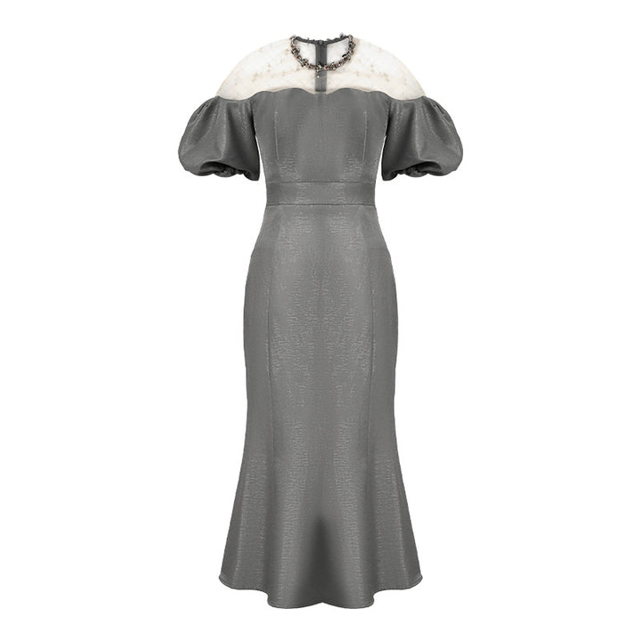 Elegant Puff Sleeve Fishtail Dress – High Waist Long Gown-SH-DR-0102