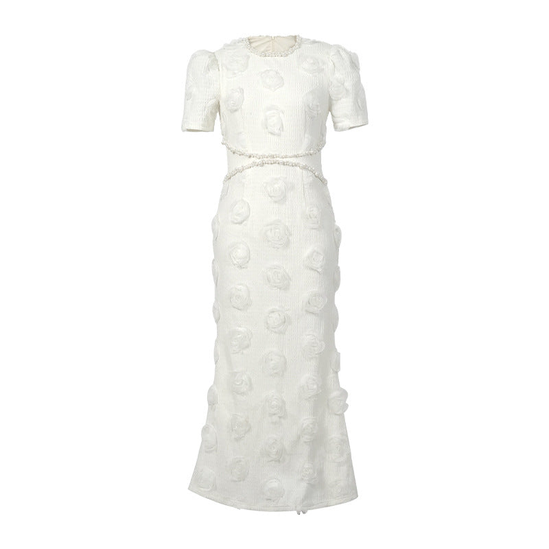 White Sheath Dress with Pearls and 3D Flowers – Elegant Socialite Style-SH-DR-0101