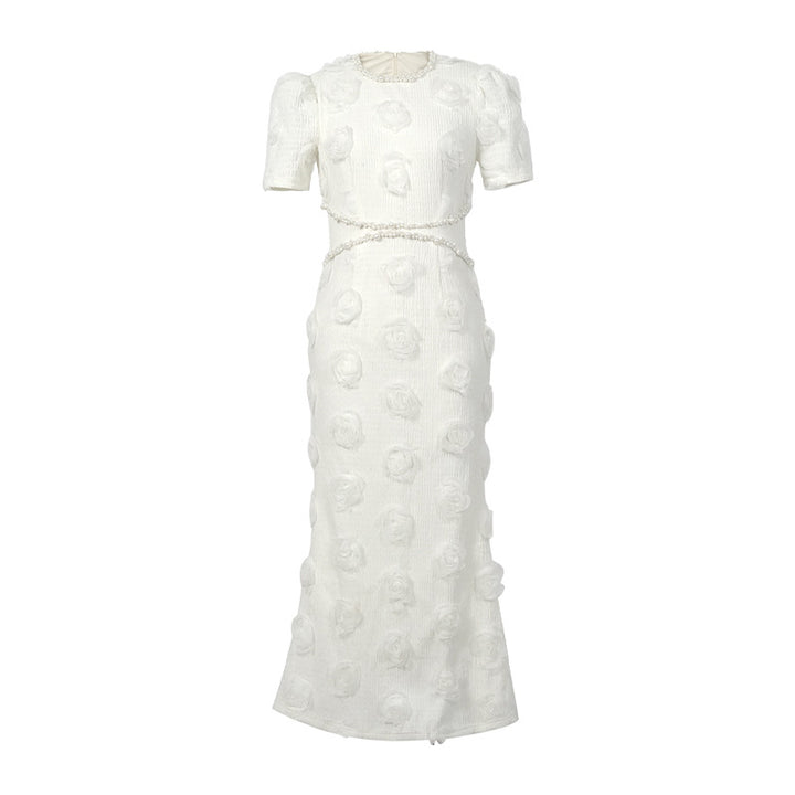 White Sheath Dress with Pearls and 3D Flowers – Elegant Socialite Style-SH-DR-0101