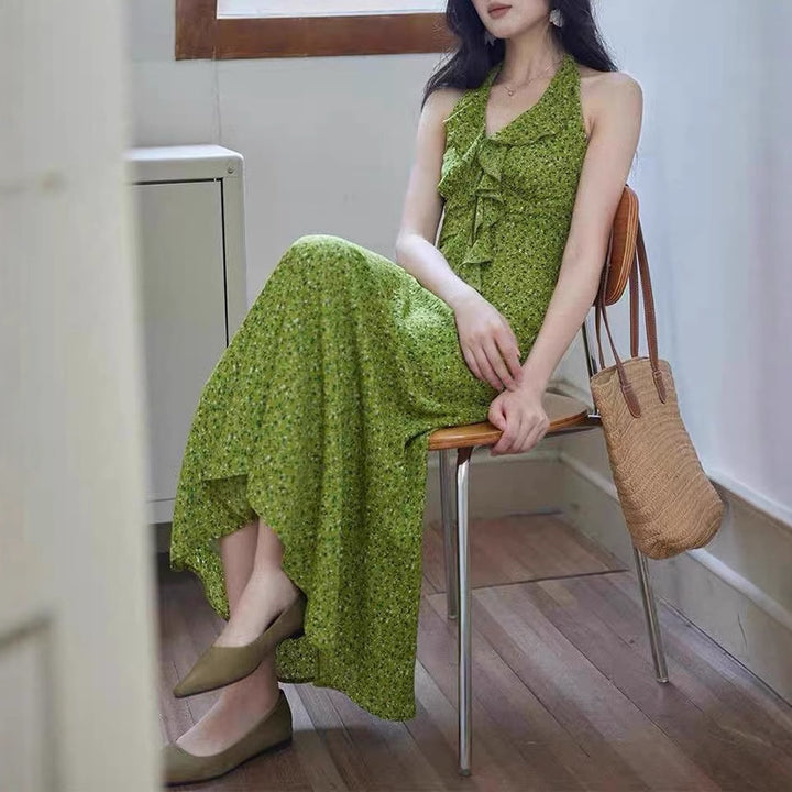 Retro Floral Sleeveless Split Dress – High Waist, Casual Korean Style-SH-KR-002