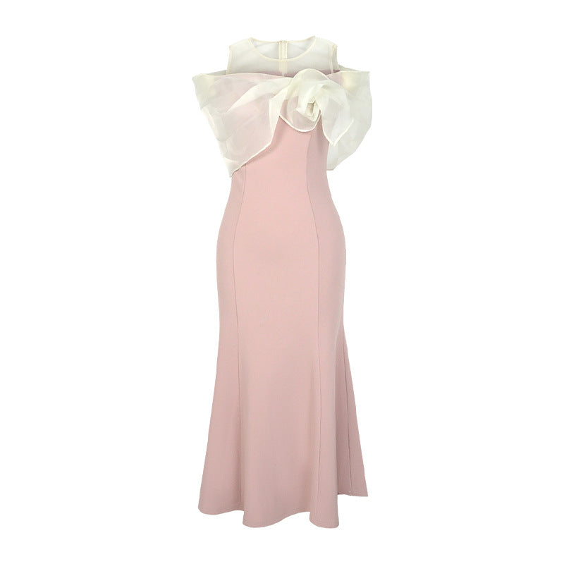 Elegant French Banquet Dress for Women – Pink High Waist Short Sleeve-SH-DR-0120