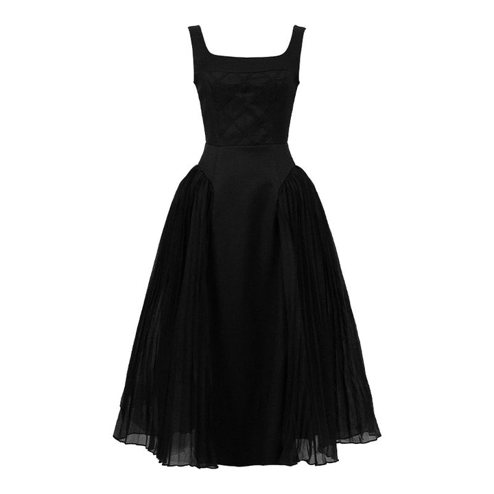 Design Sense Black Square-Neck High Waist Pleated Dress – Sleeveless-SH-DR-0103