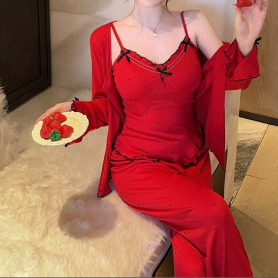 Women’s Long-Sleeve Pajama Set with Trousers and Sling – Cozy Cotton Velvet 3-Piece Set-SH-PJS-0114