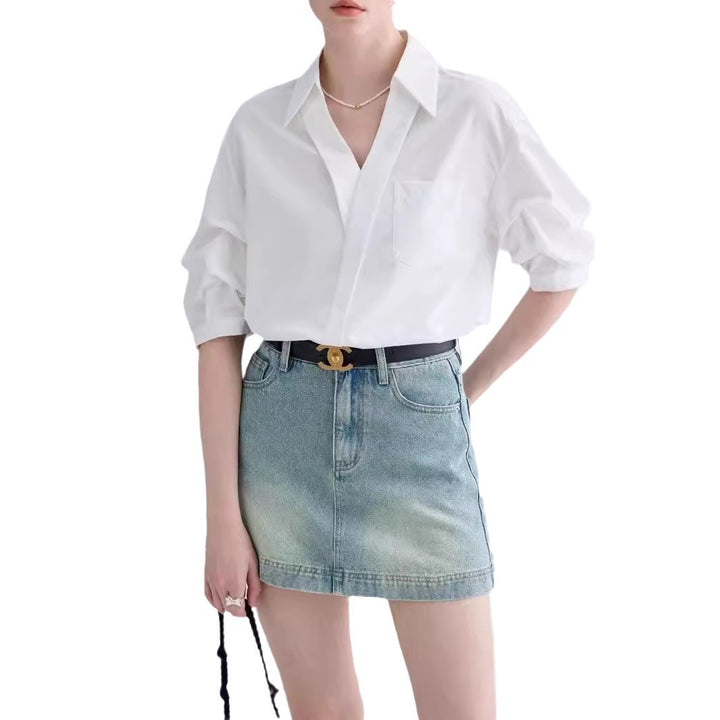 Elegant French V-Neck Stitching Blouse – Solid Color Half Sleeve Top for Women-SH-TOP-009