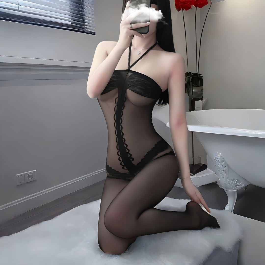 Sheer Mesh Lingerie Set with Jumpsuit & Stockings – Seductive & Elegant-SH-LNG-0123
