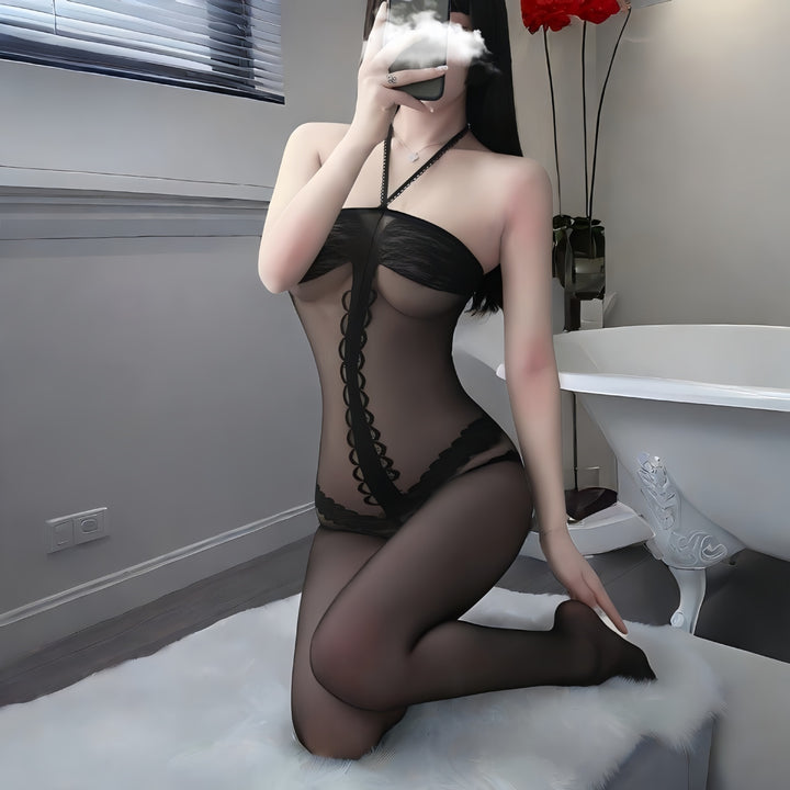 Sheer Mesh Lingerie Set with Jumpsuit & Stockings – Seductive & Elegant-SH-LNG-0123