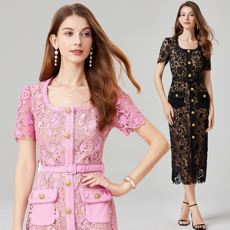 Water-Soluble Hollow Lace Sheath Dress – Black or Pink-SH-DR-0109