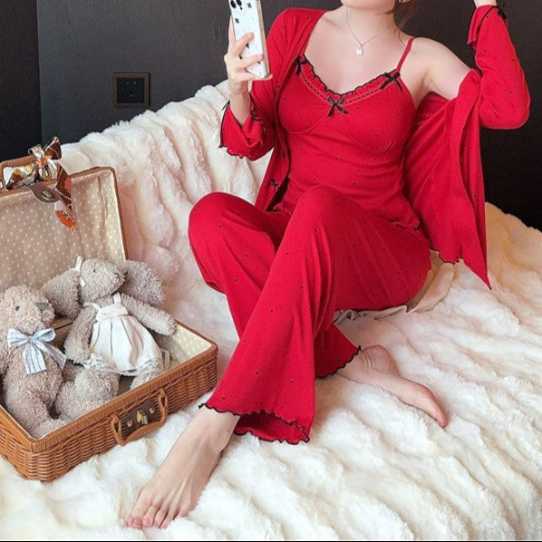 Women’s Long-Sleeve Pajama Set with Trousers and Sling – Cozy Cotton Velvet 3-Piece Set-SH-PJS-0114