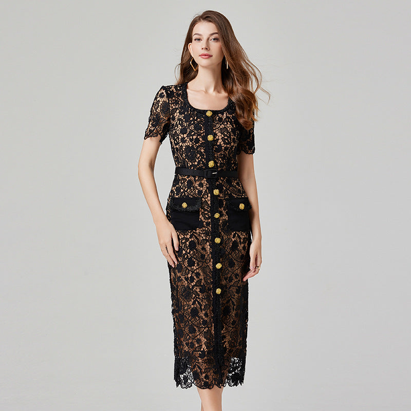 Water-Soluble Hollow Lace Sheath Dress – Black or Pink-SH-DR-0109