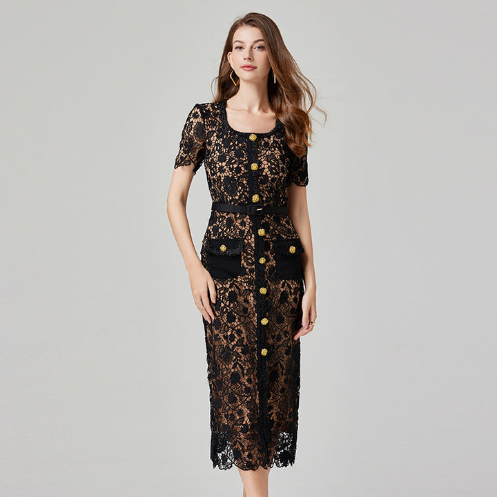 Water-Soluble Hollow Lace Sheath Dress – Black or Pink-SH-DR-0109