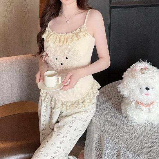 Cotton Puppy Lace 3-Piece Modal Set – Long Sleeve & Trousers for Women-SH-PJS-0105