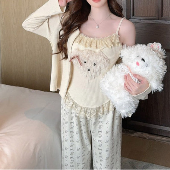 Cotton Puppy Lace 3-Piece Modal Set – Long Sleeve & Trousers for Women-SH-PJS-0105