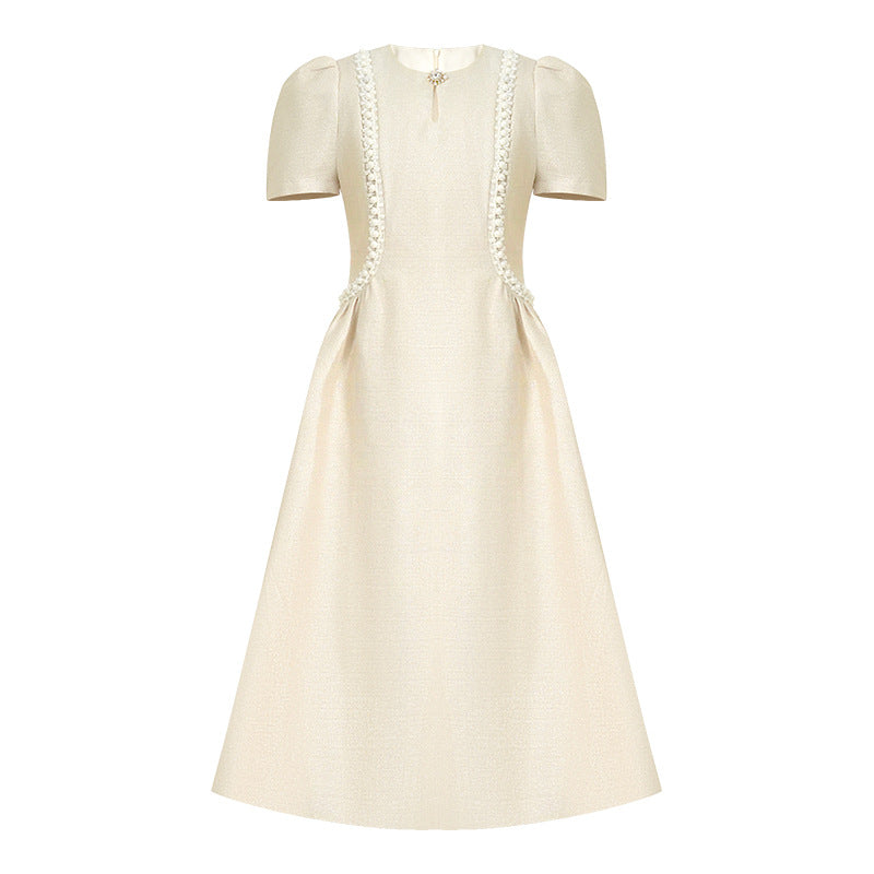 Champagne Beaded Puff Sleeve Dress – High Waist & Large Hem-SH-DR-0106