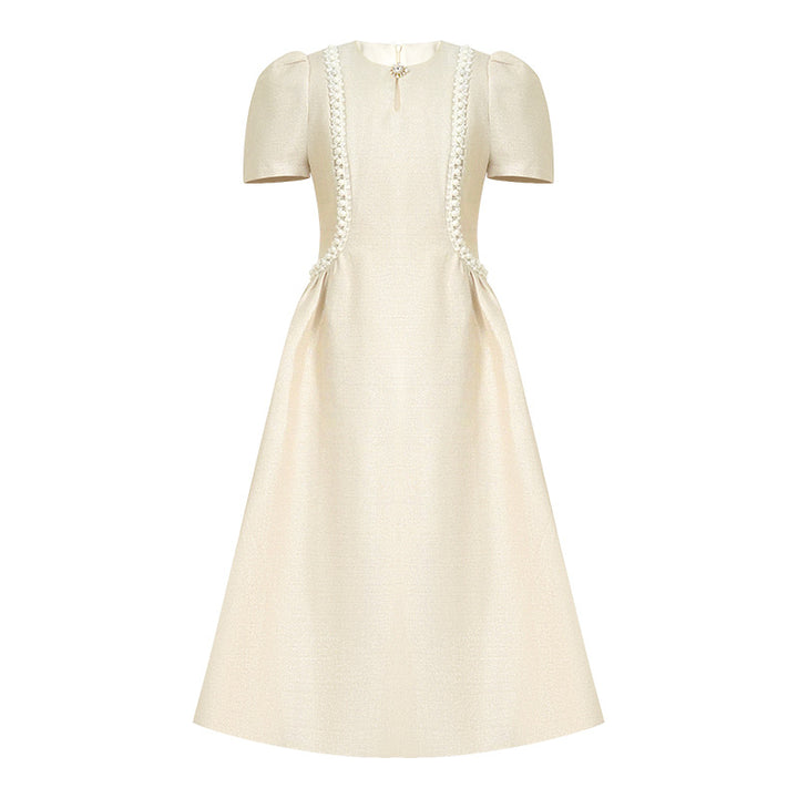 Champagne Beaded Puff Sleeve Dress – High Waist & Large Hem-SH-DR-0106