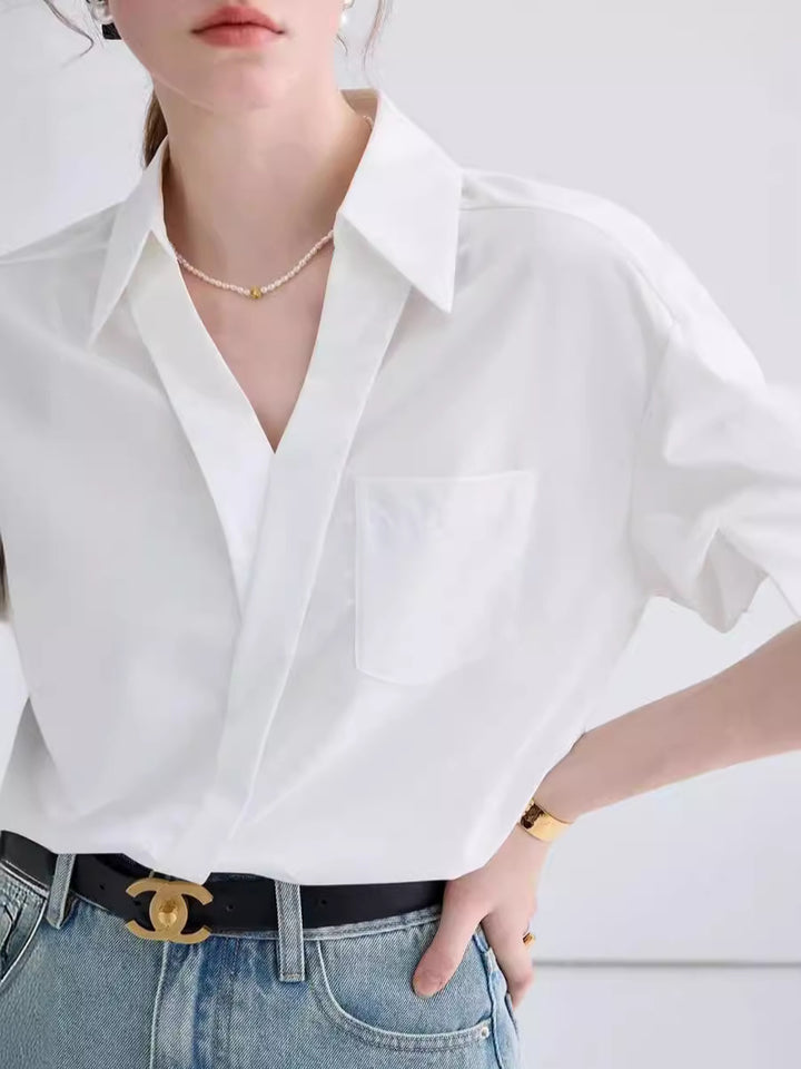 Elegant French V-Neck Stitching Blouse – Solid Color Half Sleeve Top for Women-SH-TOP-009