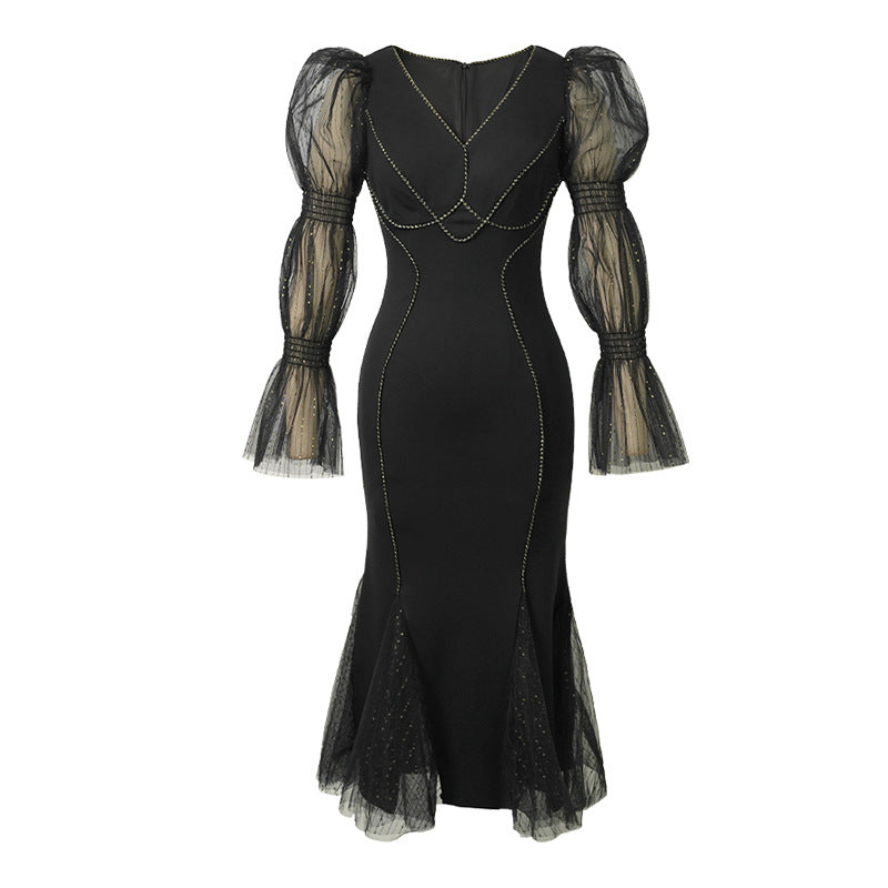French Mesh Stitching V-Neck Lantern Sleeve Fishtail Dress – Elegant Slim Fit Long Gown-SH-DR-0130
