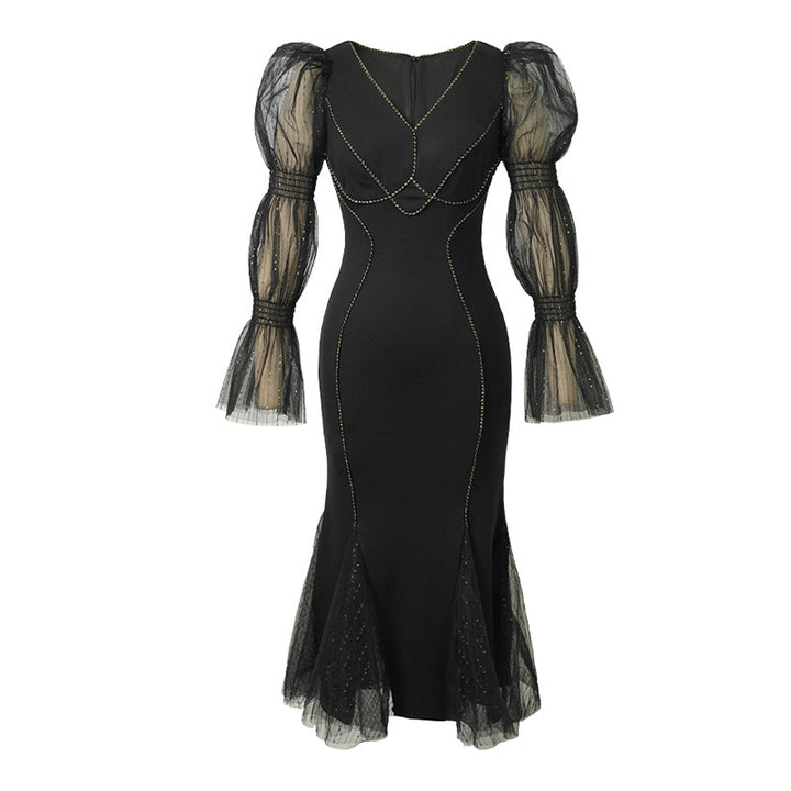 French Mesh Stitching V-Neck Lantern Sleeve Fishtail Dress – Elegant Slim Fit Long Gown-SH-DR-0130