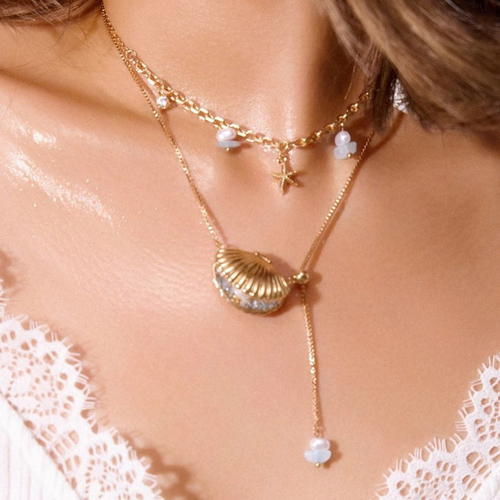 Ocean Shell Clavicle Necklace – Gold Light Luxury Pendant with Pearl & Zircon for Women-SH-FJ-021
