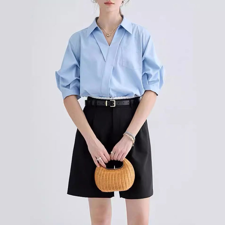 Elegant French V-Neck Stitching Blouse – Solid Color Half Sleeve Top for Women-SH-TOP-009