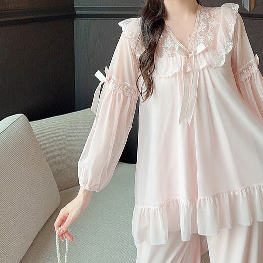 Sweet V-neck Lace Mesh Pajama Set with Chest Pad – Princess Style Sleepwear for Women-SH-PJS-0110