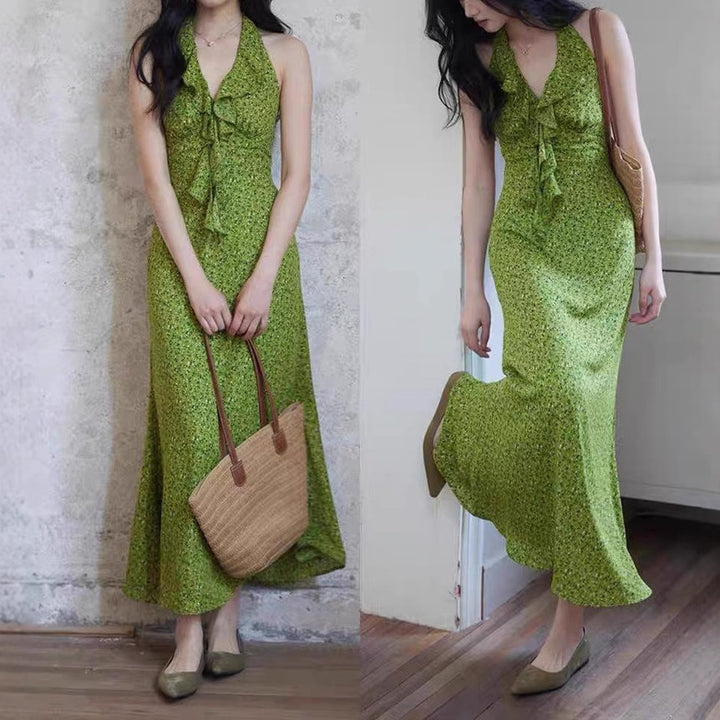 Retro Floral Sleeveless Split Dress – High Waist, Casual Korean Style-SH-KR-002