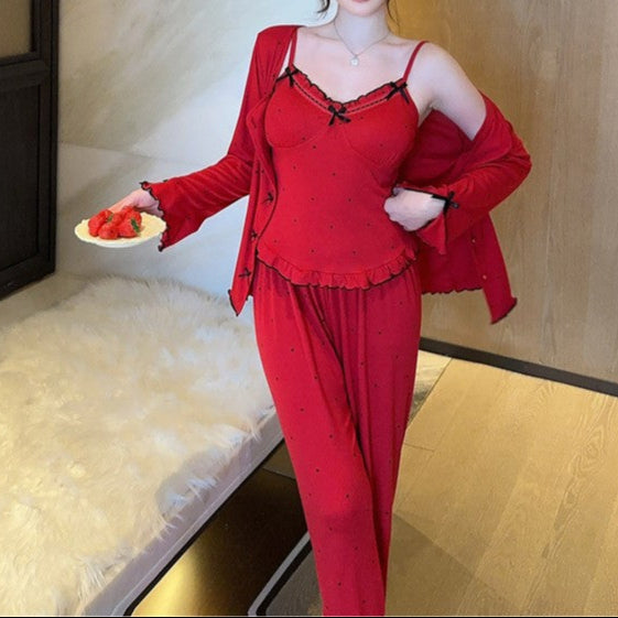 Women’s Long-Sleeve Pajama Set with Trousers and Sling – Cozy Cotton Velvet 3-Piece Set-SH-PJS-0114