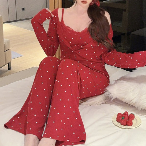 Peach Heart Modal 3-Piece Set – Women’s Long Sleeve Top, Trousers & Sling-SH-PJS-0103