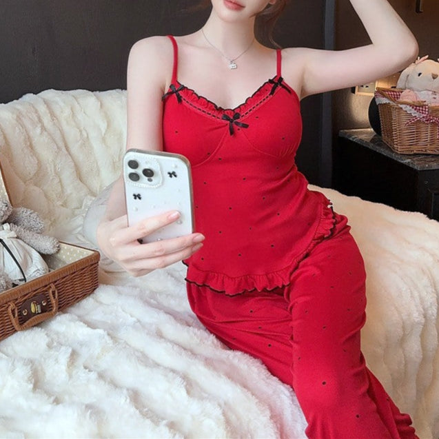 Women’s Long-Sleeve Pajama Set with Trousers and Sling – Cozy Cotton Velvet 3-Piece Set-SH-PJS-0114