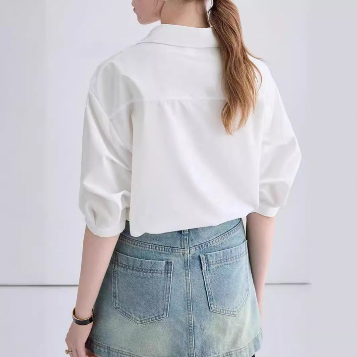 Elegant French V-Neck Stitching Blouse – Solid Color Half Sleeve Top for Women-SH-TOP-009