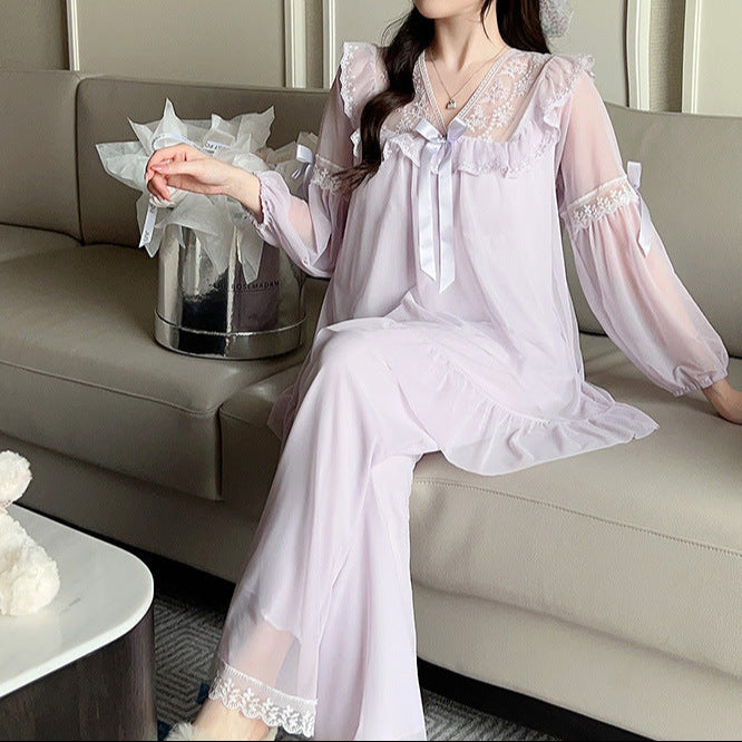 Sweet V-neck Lace Mesh Pajama Set with Chest Pad – Princess Style Sleepwear for Women-SH-PJS-0110